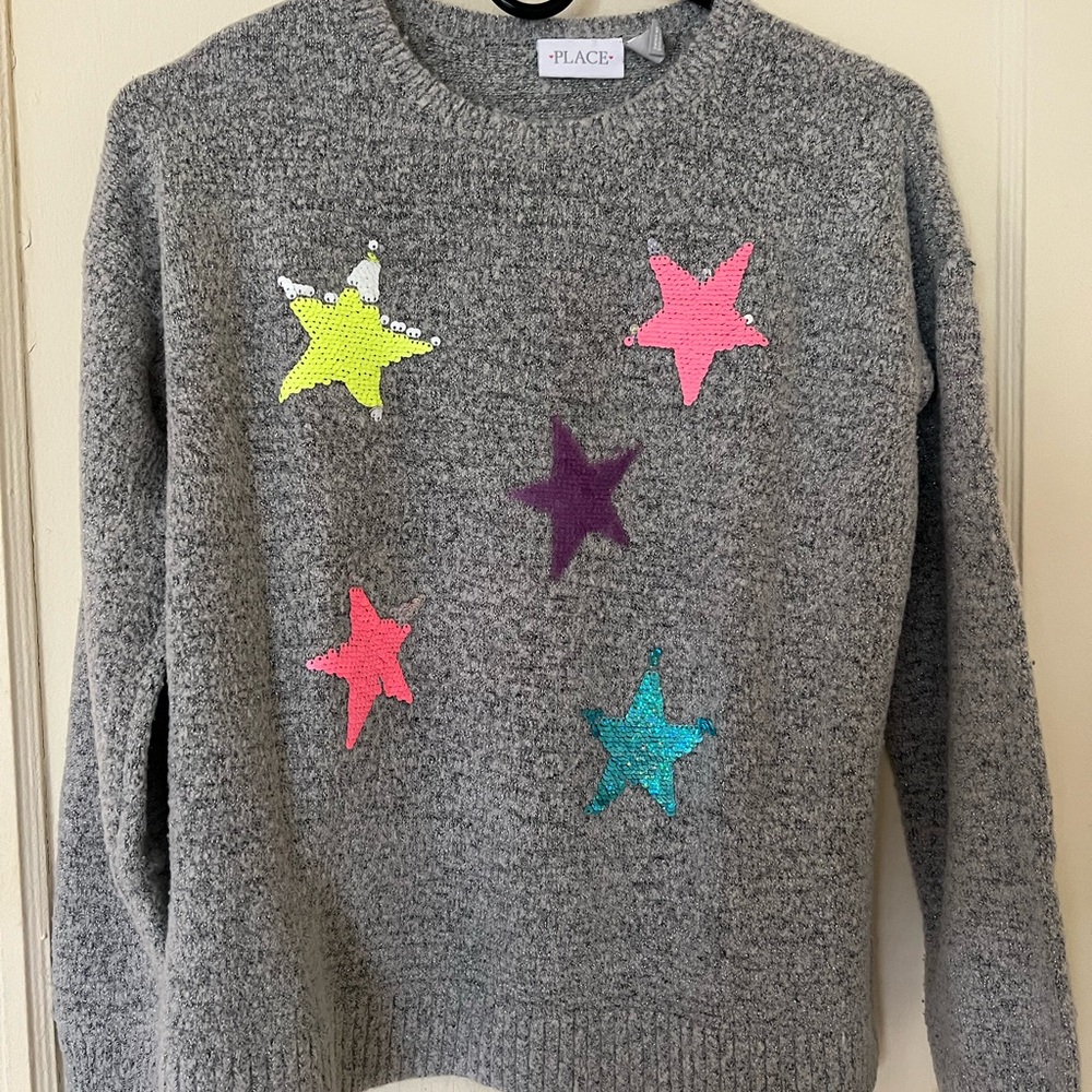 The Children's Place Gray Crewneck Sweater with Neon & Jewel Tone Star Appliqués